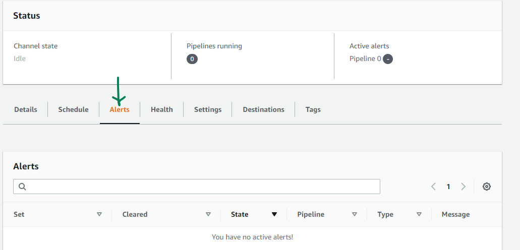 AWS MediaLive alerts tab